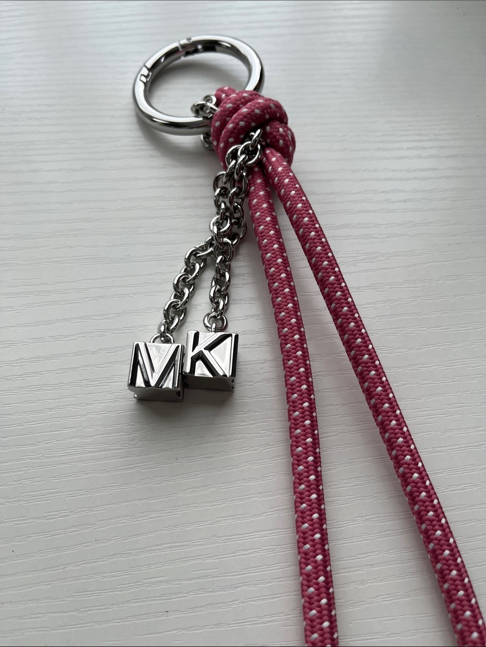 Michael Kors Pink Braided Rope Tassel Keyring, Bag Charm with Silver MK Charms - Picture 3 of 12